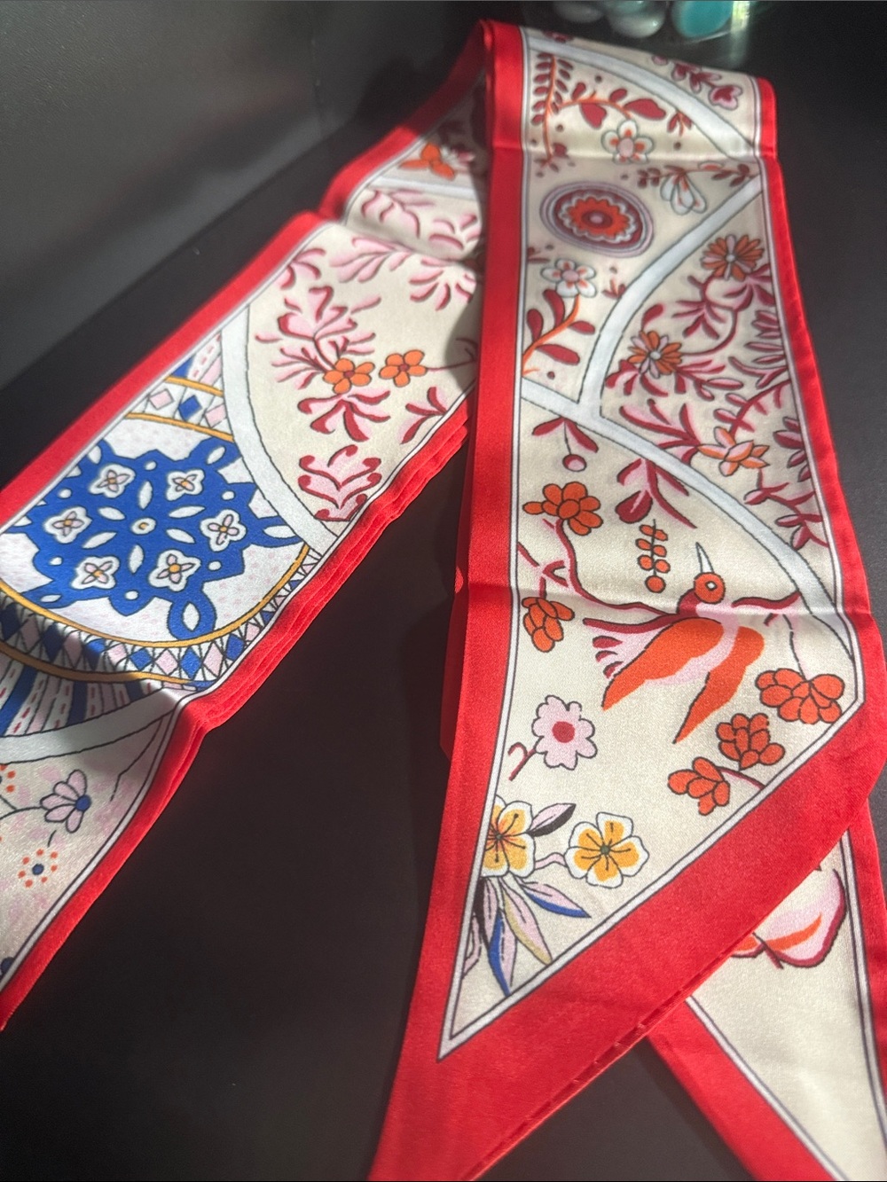 Silk-Feel Red Trim Floral Print Scarf Wrap